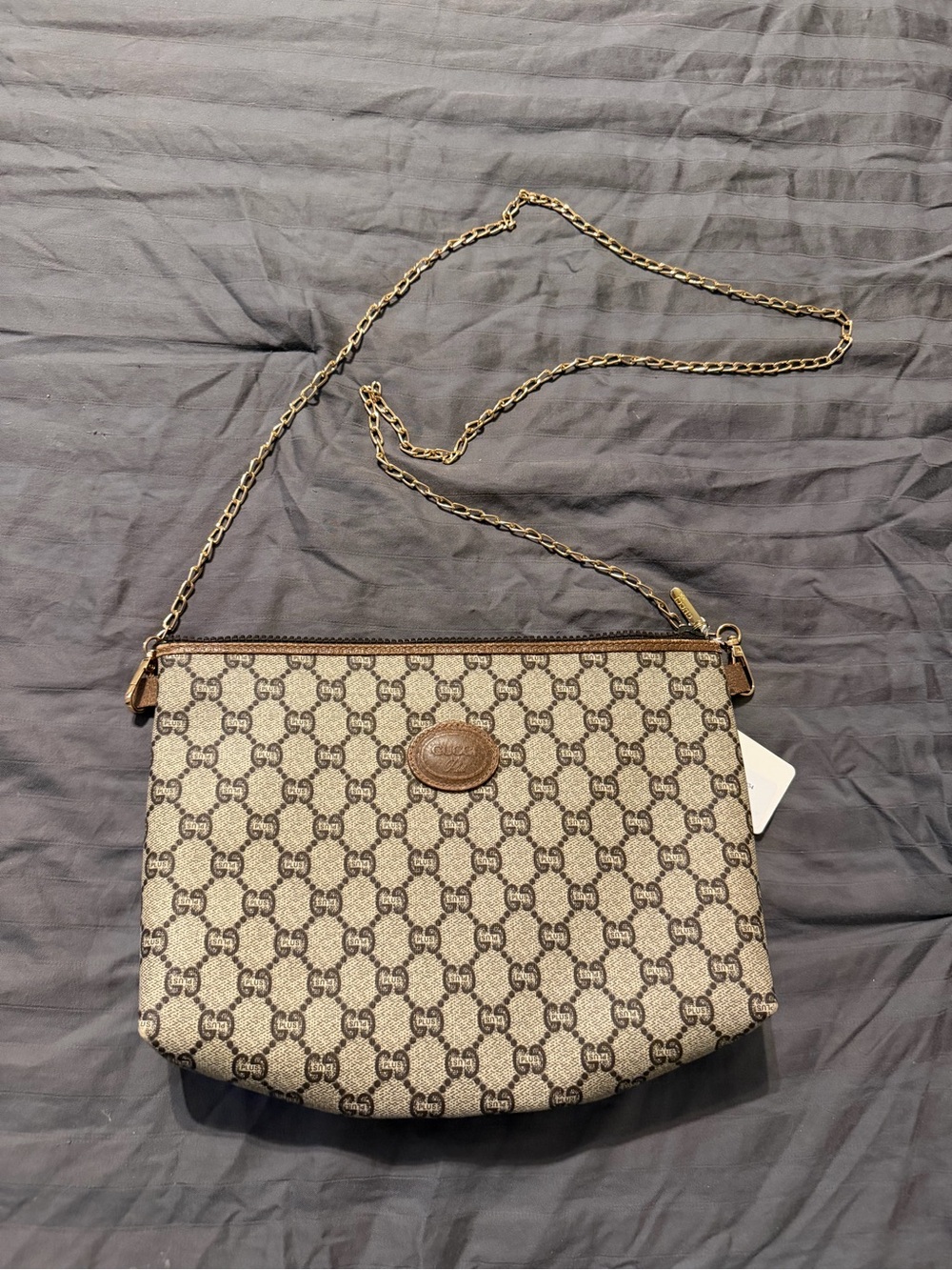 Gucci Brown Beige GG Monogram Chain Crossbody Bag